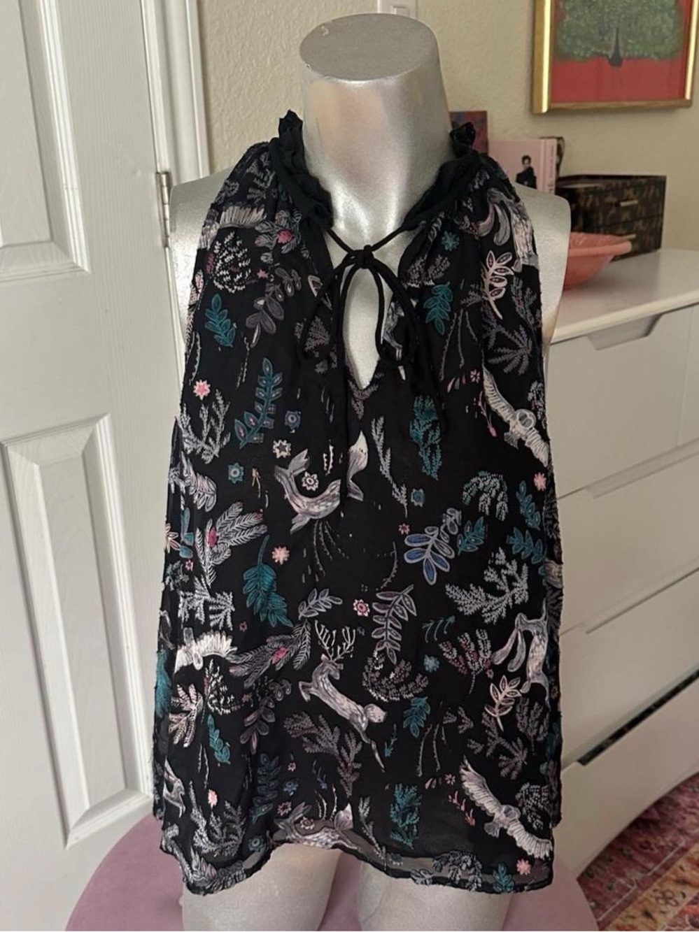 Anthropologie Floreat Black Animal Floral Graphic Sleeveless Top